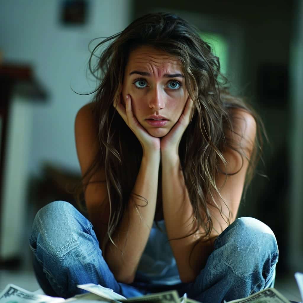 A woman sitting on the floor, looking worried amidst scattered dollar bills